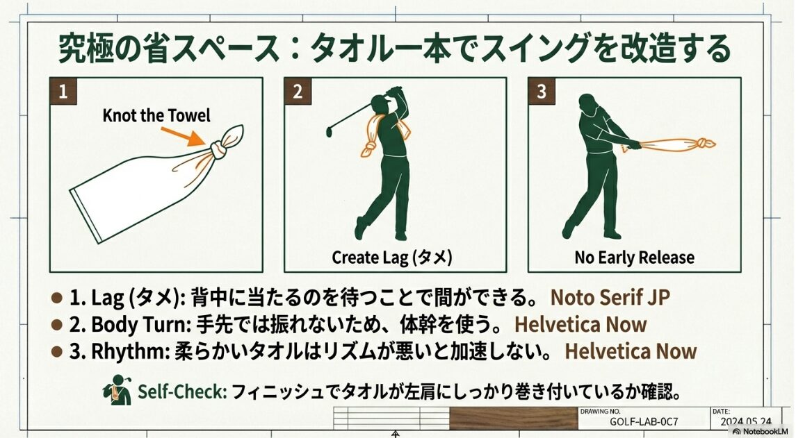 タオル一本でスイング改造:省スペース練習の極意 フェイスタオルを結んでスイングのタメとボディターンを習得する素振りドリルの手順