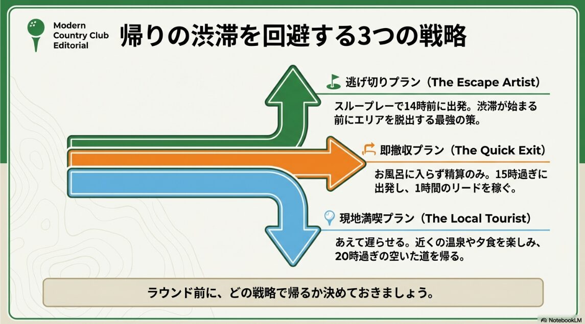 逃げ切りプラン・即撤収プラン・現地満喫プランの3つの渋滞回避戦略をまとめたスライド