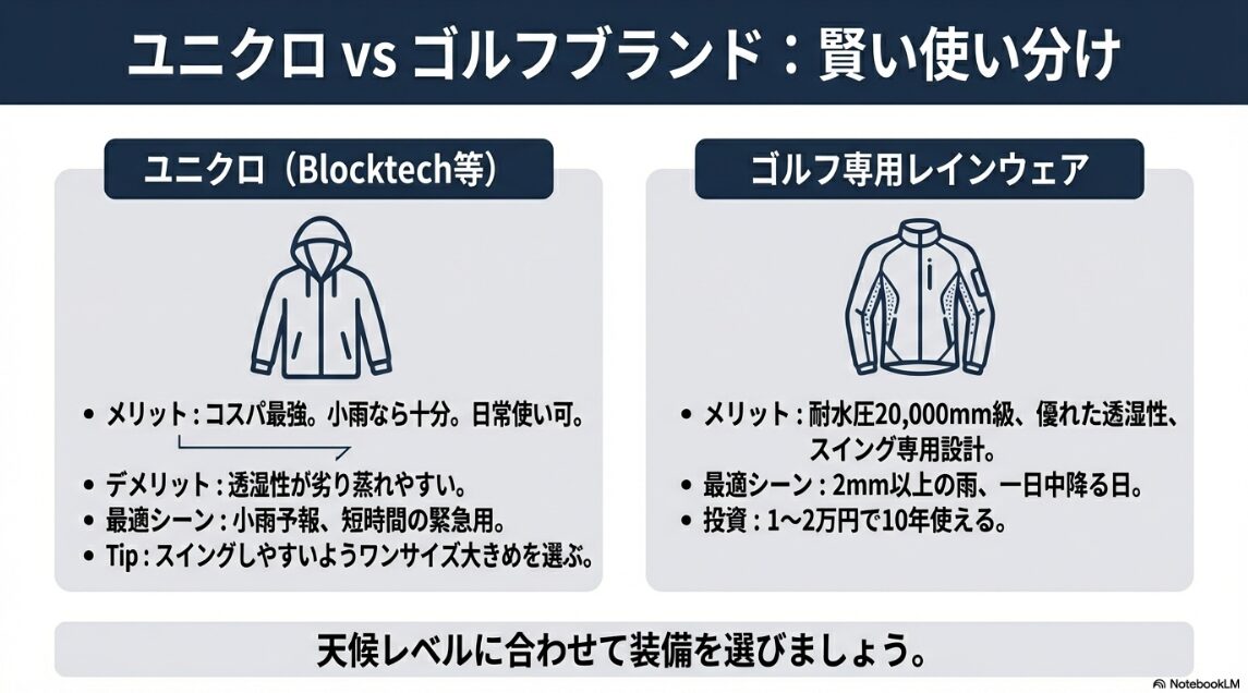 ユニクロ製品とゴルフ専用レインウェアの防水・透湿性能の使い分け比較