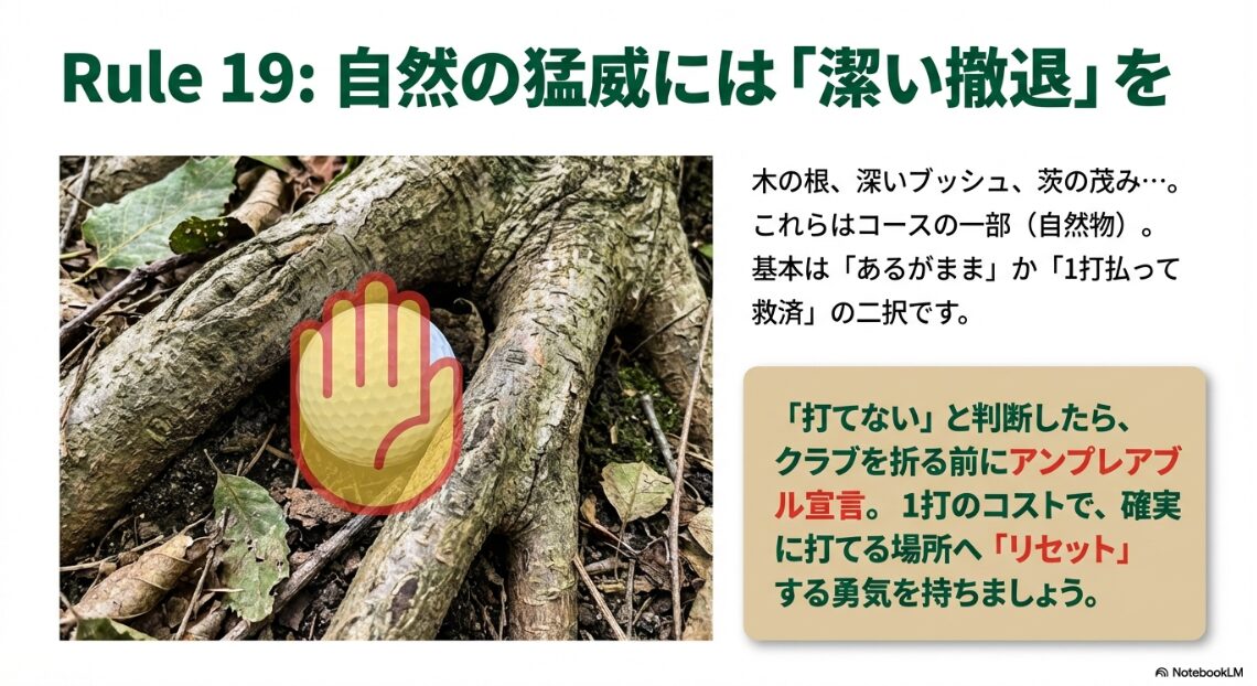 木の根元など自然物によって打てない状況でのアンプレアブル宣言のイメージ