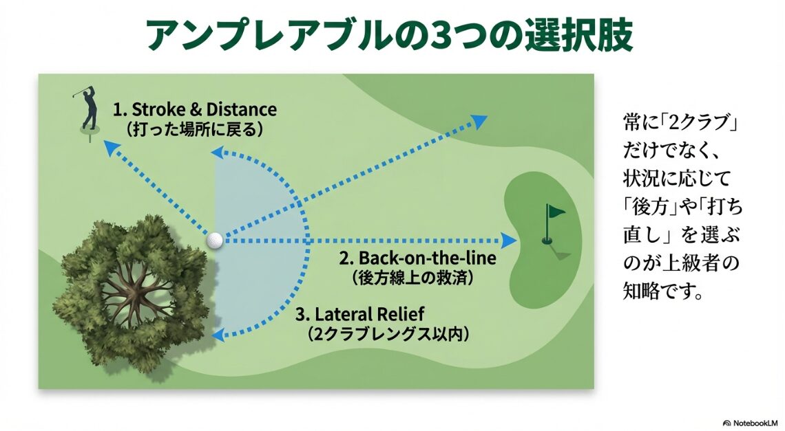 打ち直し、後方線上救済、側方救済を使い分けて有利なライを確保するイメージ図