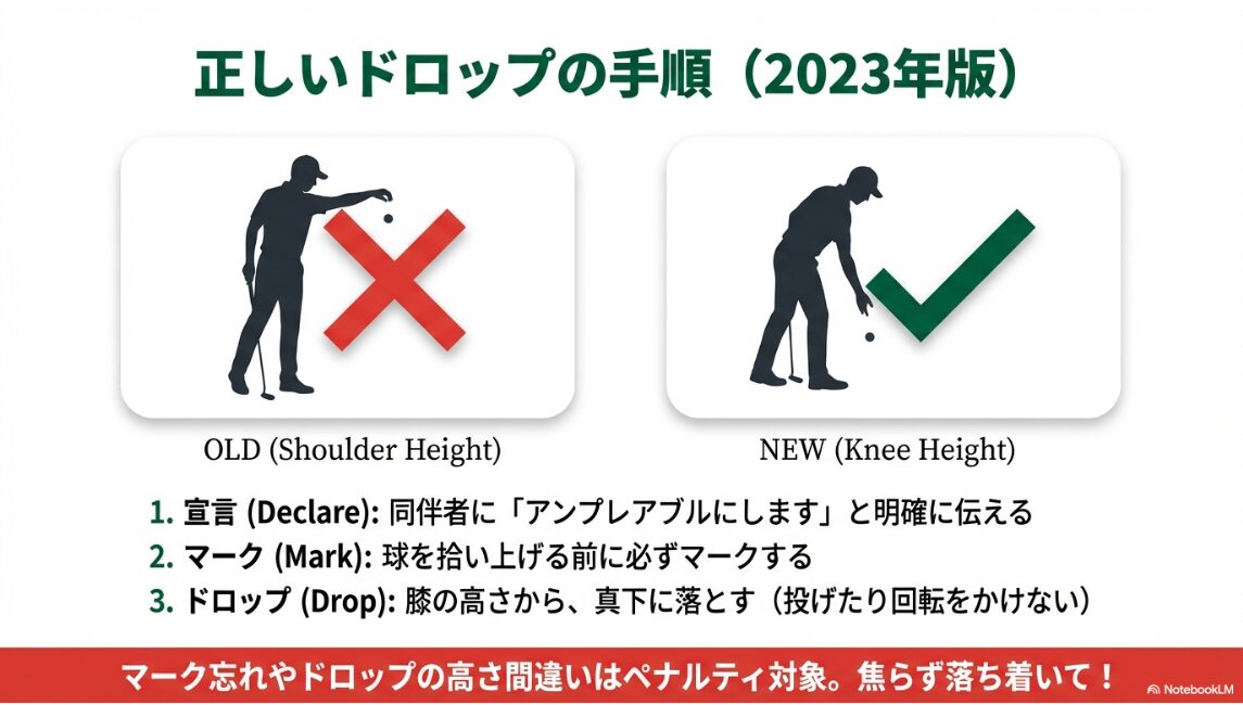 打ち直し、後方線上救済、2クラブレングスの3つのアンプレアブル救済エリアの図解