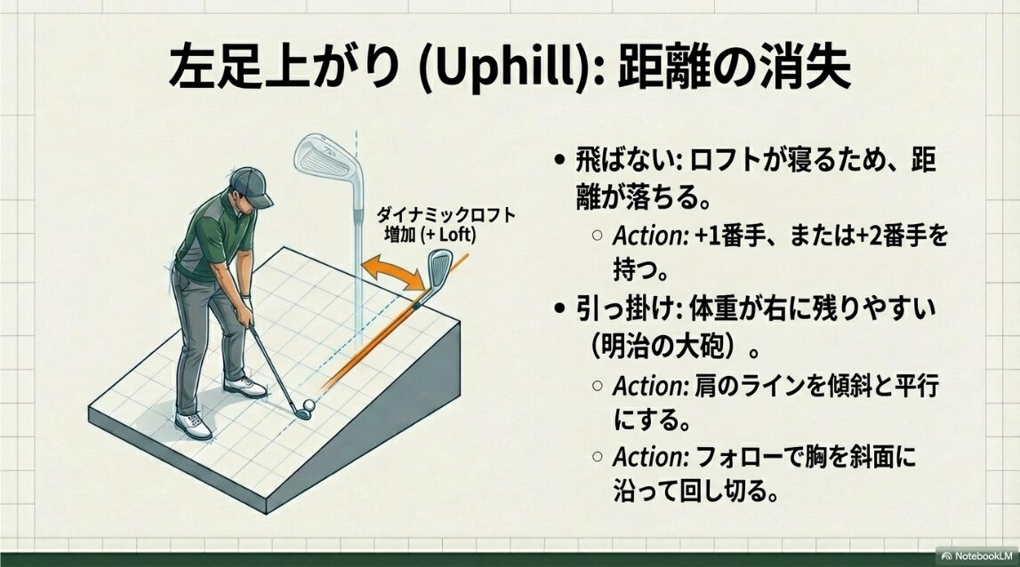 左足上がりの斜面でインパクト時のダイナミックロフトが増加しボールが高く上がって飛ばなくなる仕組みの解説図