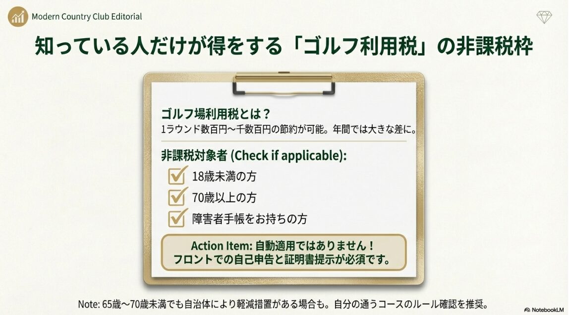 18歳未満や70歳以上、障害者手帳保持者が対象となるゴルフ場利用税の非課税対象者リストのスライド