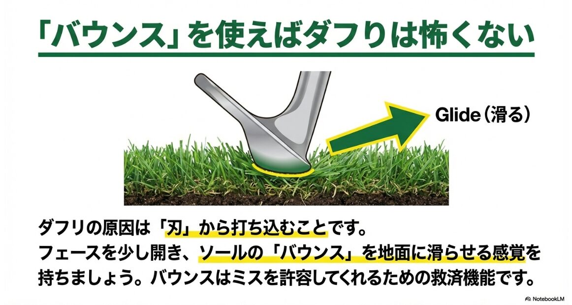 ウェッジのバウンスが地面を滑る「グライド」現象を説明した図解。ダフリを防ぐメカニズム