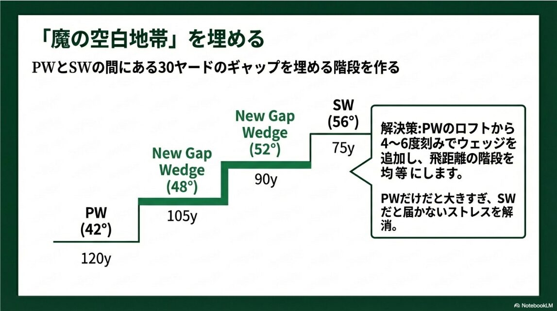 ピッチングウェッジからサンドウェッジまで、中間のロフトを追加して飛距離の階段を均等にする図