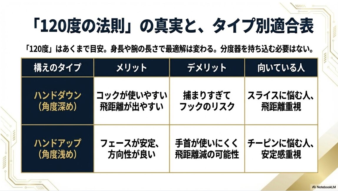 アドレスでの手首角度120度の目安とタイプ別適合表