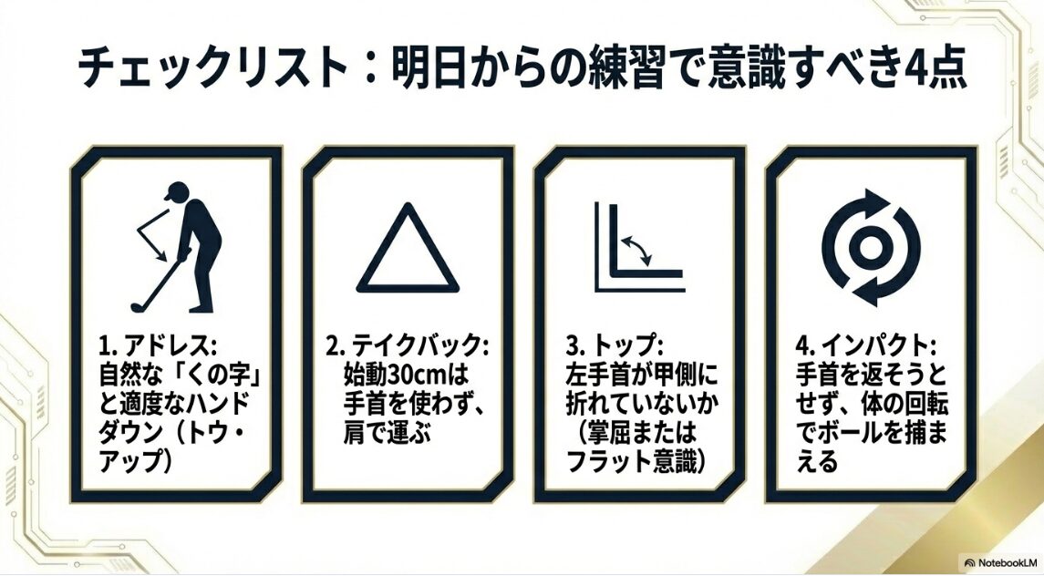 ゴルフドライバーの手首の角度に関する練習時の4つのチェック項目