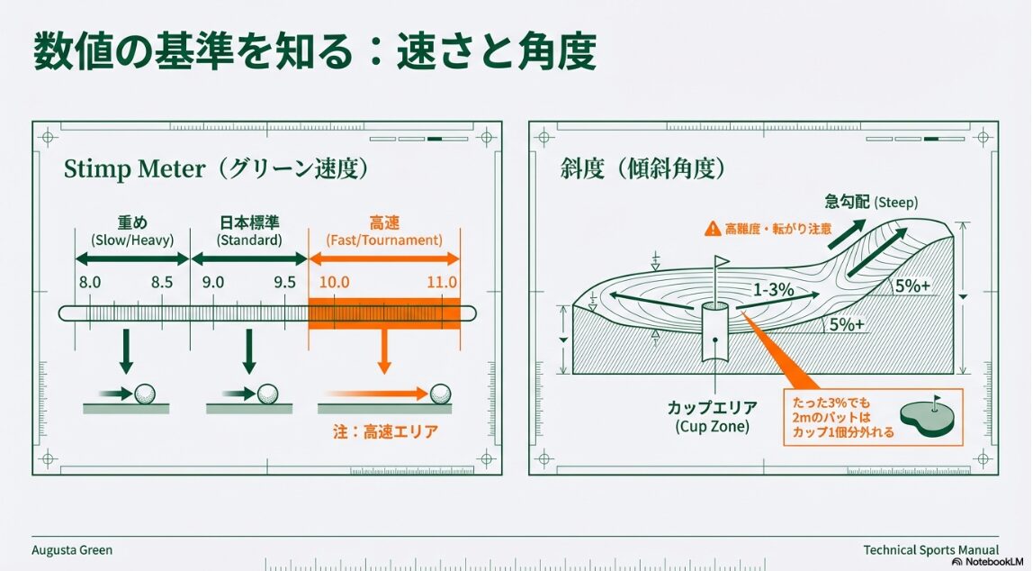 スティンプメーターの数値とグリーンの速さの目安を示した図
