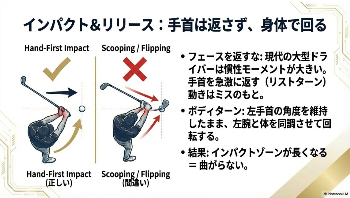 ハンドファーストの正しいインパクトと手首が解けた間違ったインパクトの比較