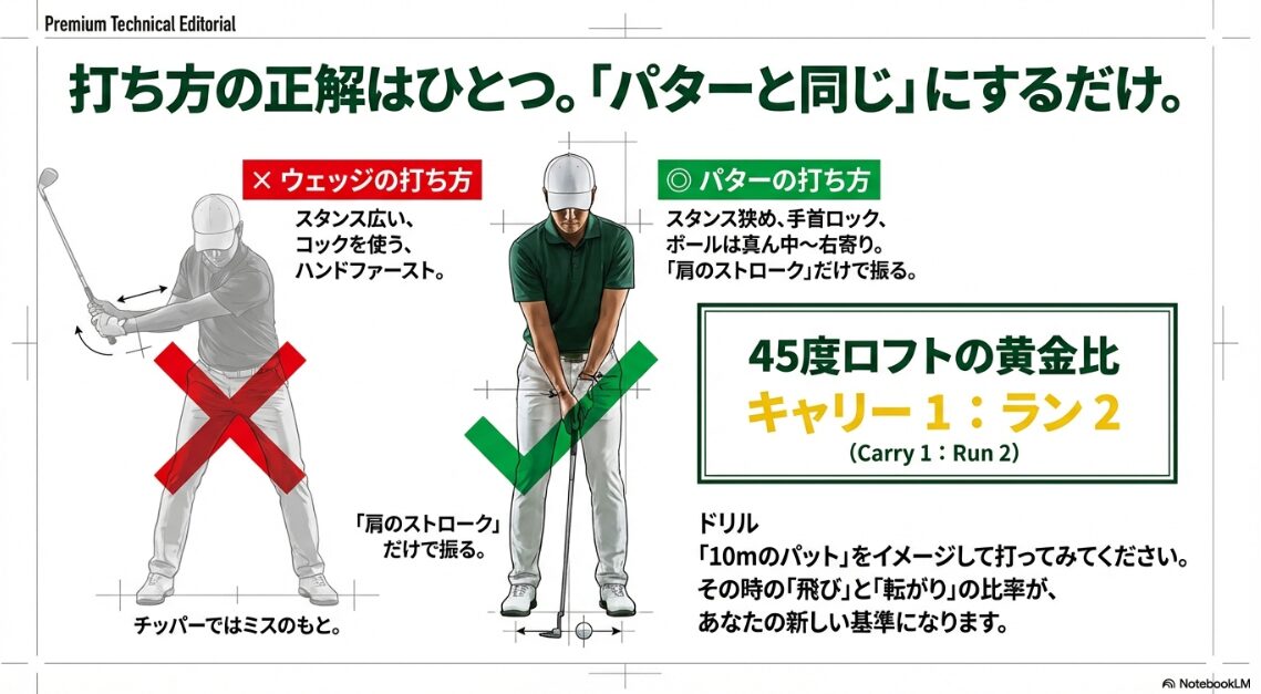 チッパーの正しい打ち方ポイント（スタンス、手首ロック、肩のストローク）と45度ロフトの飛距離黄金比