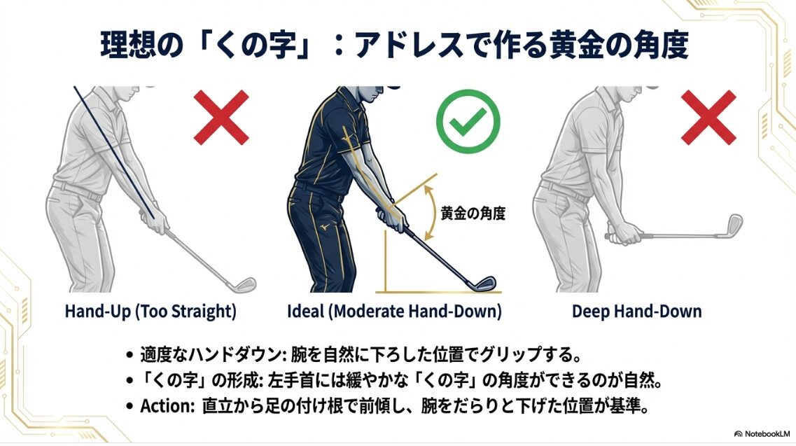 アドレス時における手首の角度の正解と不正解の比較図