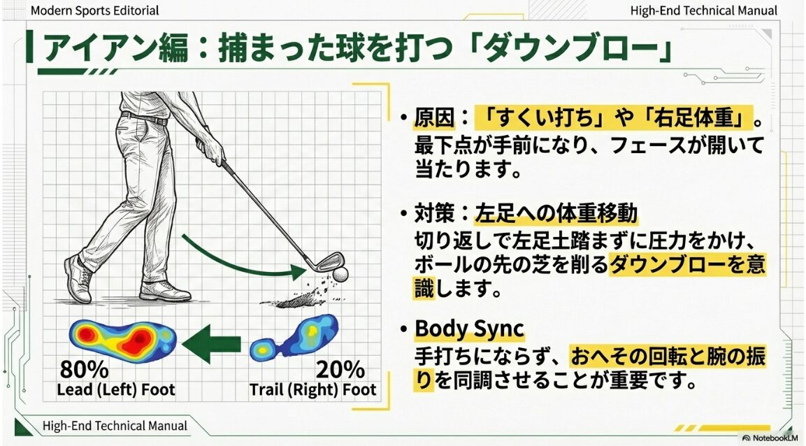 インパクト時の足裏荷重マップ：左足80%荷重のダウンブローの図解