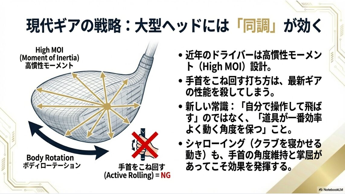 高慣性モーメントの現代ドライバーに適した手首を返さないスイングの解説