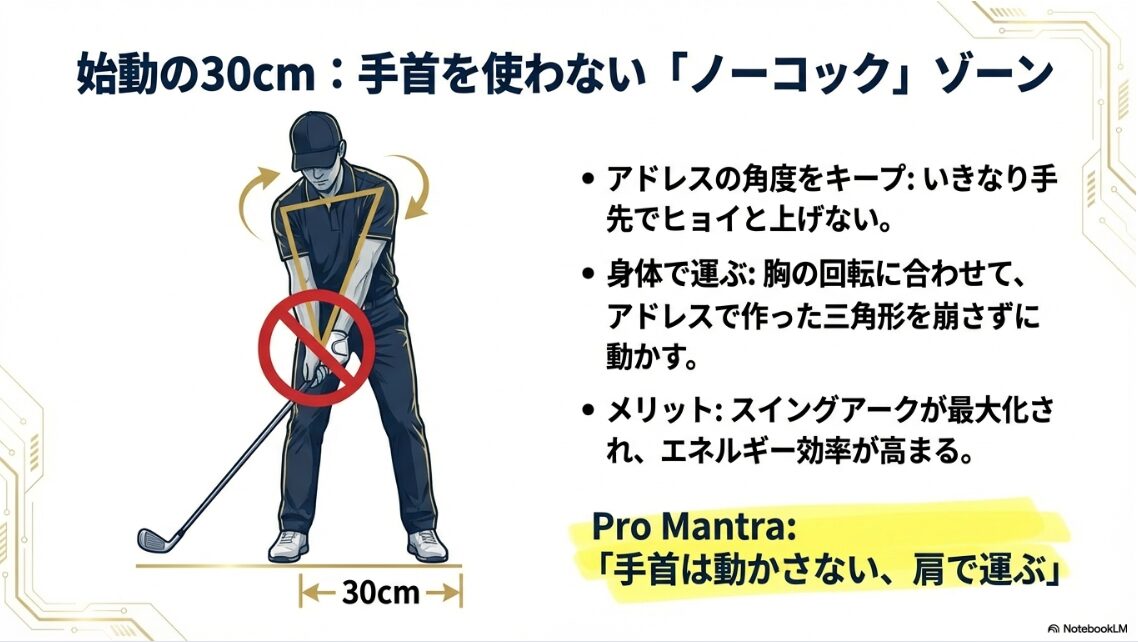 テイクバック始動30センチで手首を固定し肩で運ぶノーコックの図解