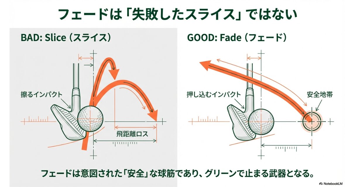 フェードボールとスライスのインパクトの違い。擦るスライスと押し込むフェードの比較