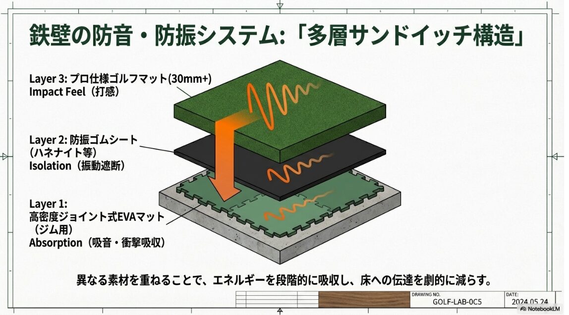 防振対策の決定版:多層サンドイッチ構造 EVAマットと防振ゴムを重ねたゴルフ練習マットの多層サンドイッチ構造断面図