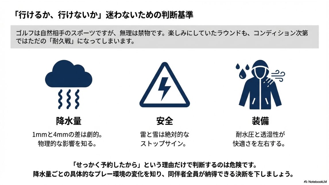 ゴルフの雨天中止を判断するための3つの重要ポイント（降水量・安全・装備）