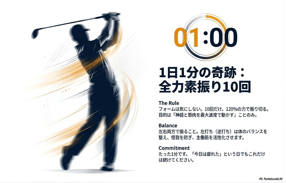 1日1分の全力素振りがヘッドスピードに与える劇的な変化のイメージ