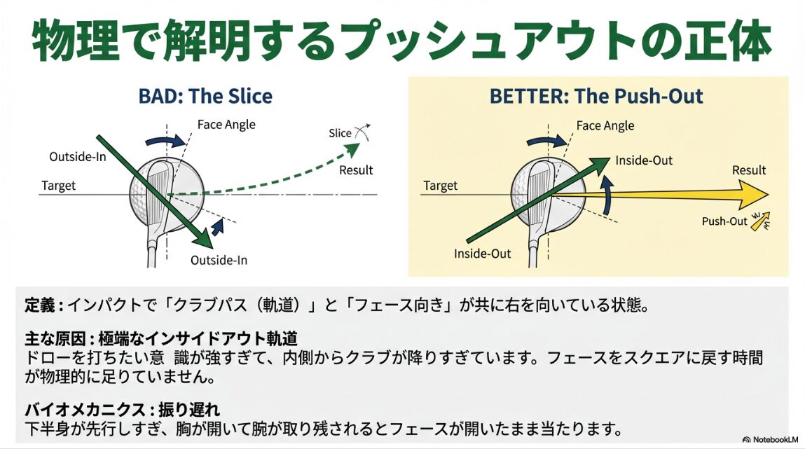 インパクト時のクラブ軌道とフェースの向きが弾道に与える影響の図解