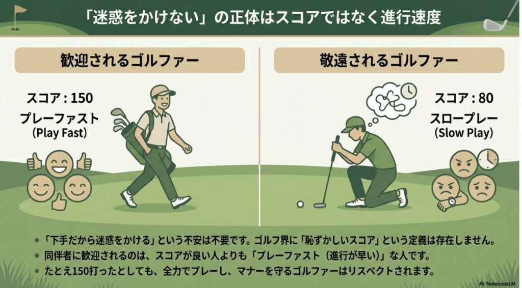 スコアが良くてもスロープレーは敬遠され、スコアが悪くてもプレーファストなら歓迎されることを示す比較図