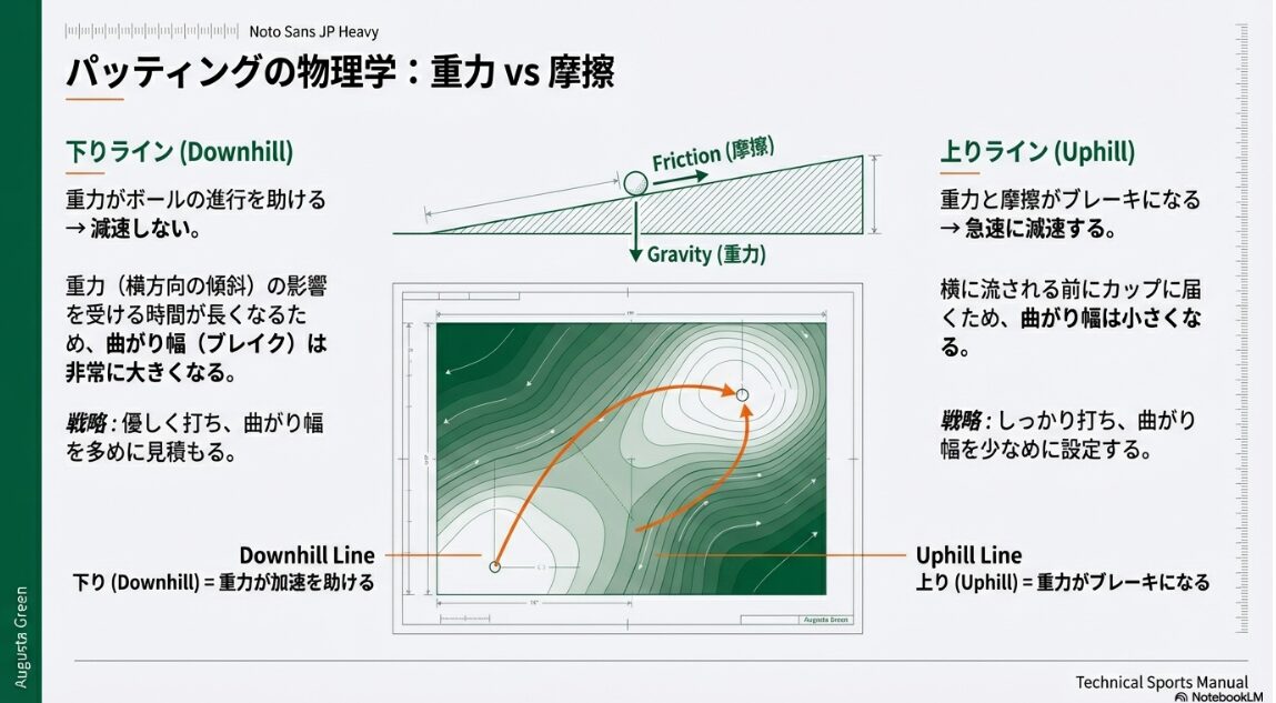 下りラインと上りラインにおける重力と摩擦の影響を解説した図