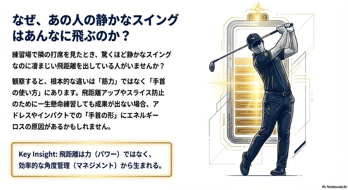 静かなスイングで飛距離が出るメカニズムと手首の使い方の解説図