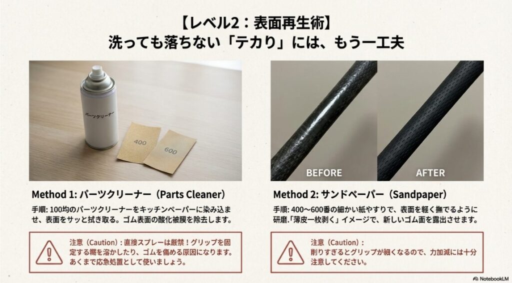 パーツクリーナーや紙やすりを使用したゴルフグリップの表面再生術