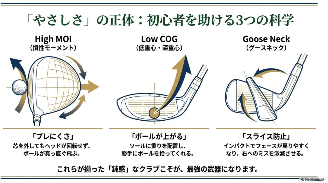 慣性モーメント・低重心・グースネックによるミスショットカバーの仕組み図解