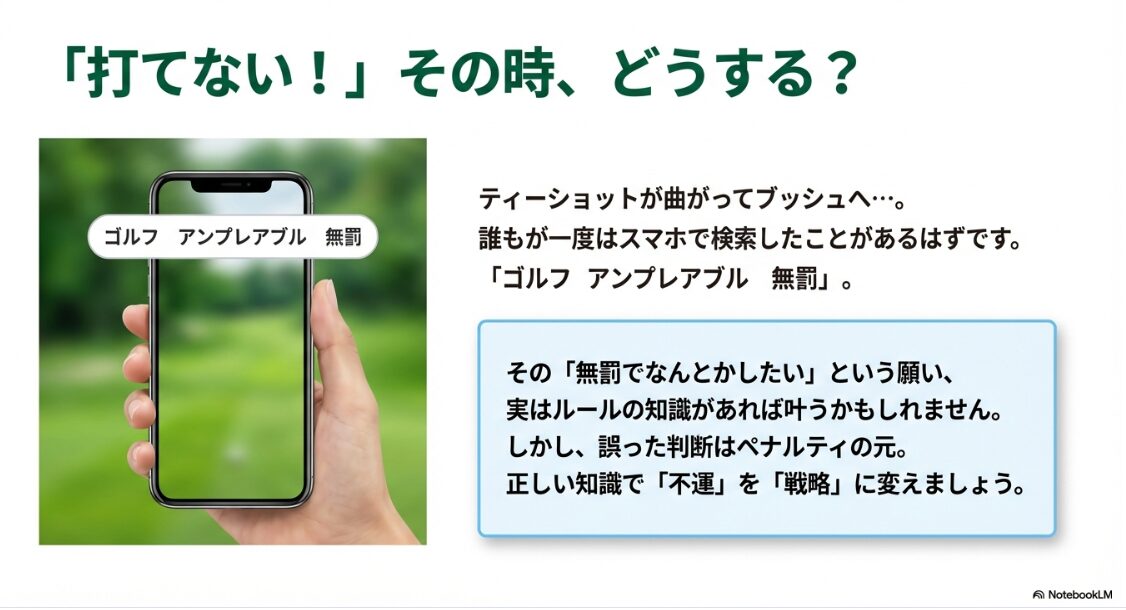 ゴルフ場でスマホを使いアンプレアブルの無罰救済について検索している様子