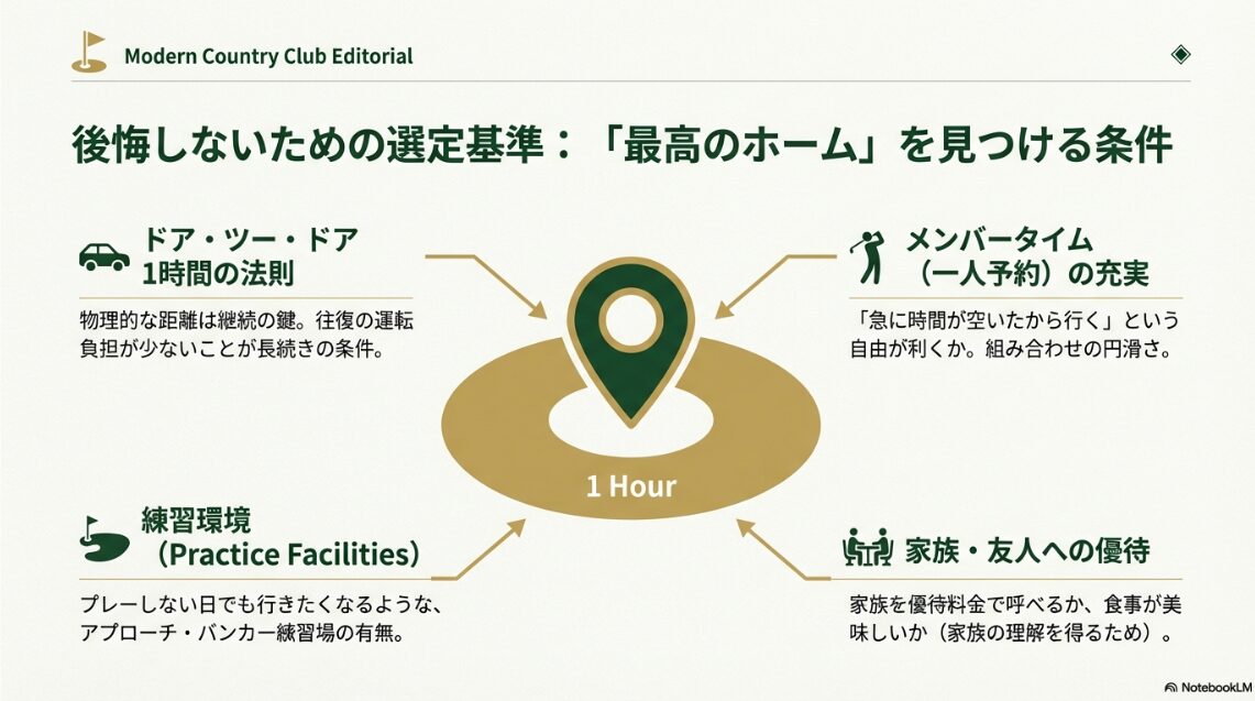 1時間の法則、メンバータイムの充実、練習環境など最高のホームコースを見つける選定基準の解説スライド