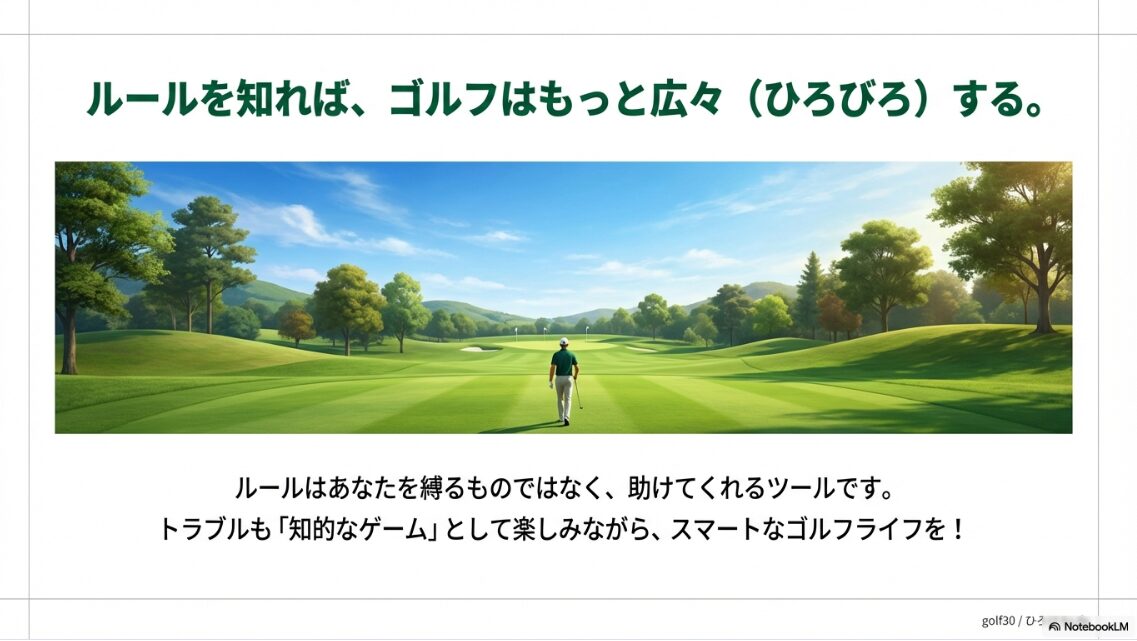 ルールを味方につけてスマートにプレーするゴルファーと広々としたコースの風景