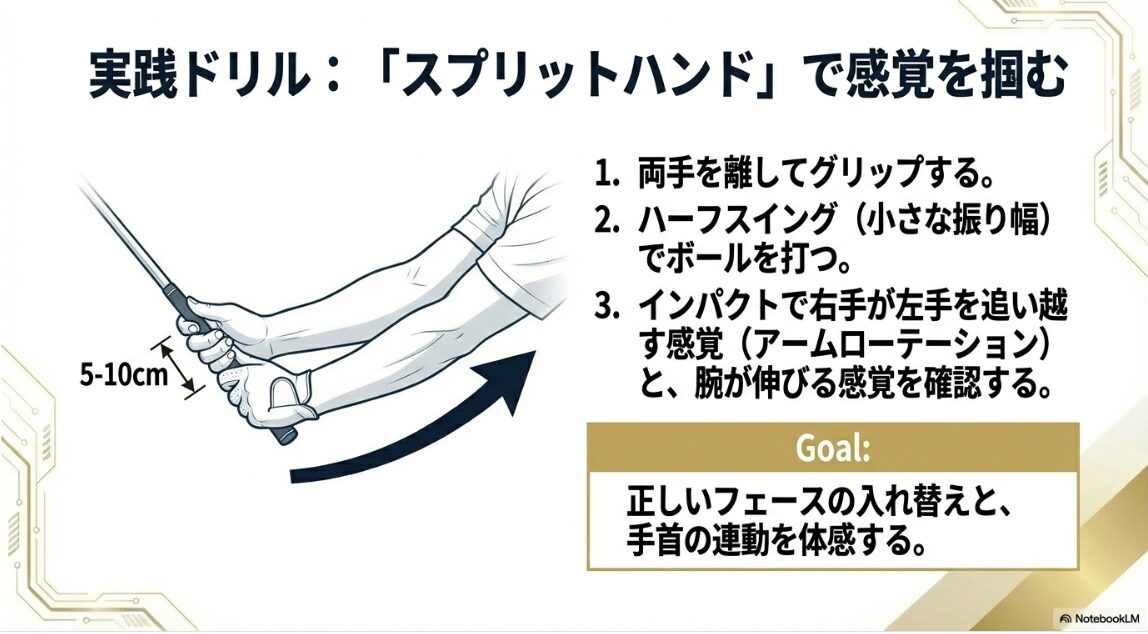 手首の正しい連動とフェースターンを習得するスプリットハンドドリルのやり方