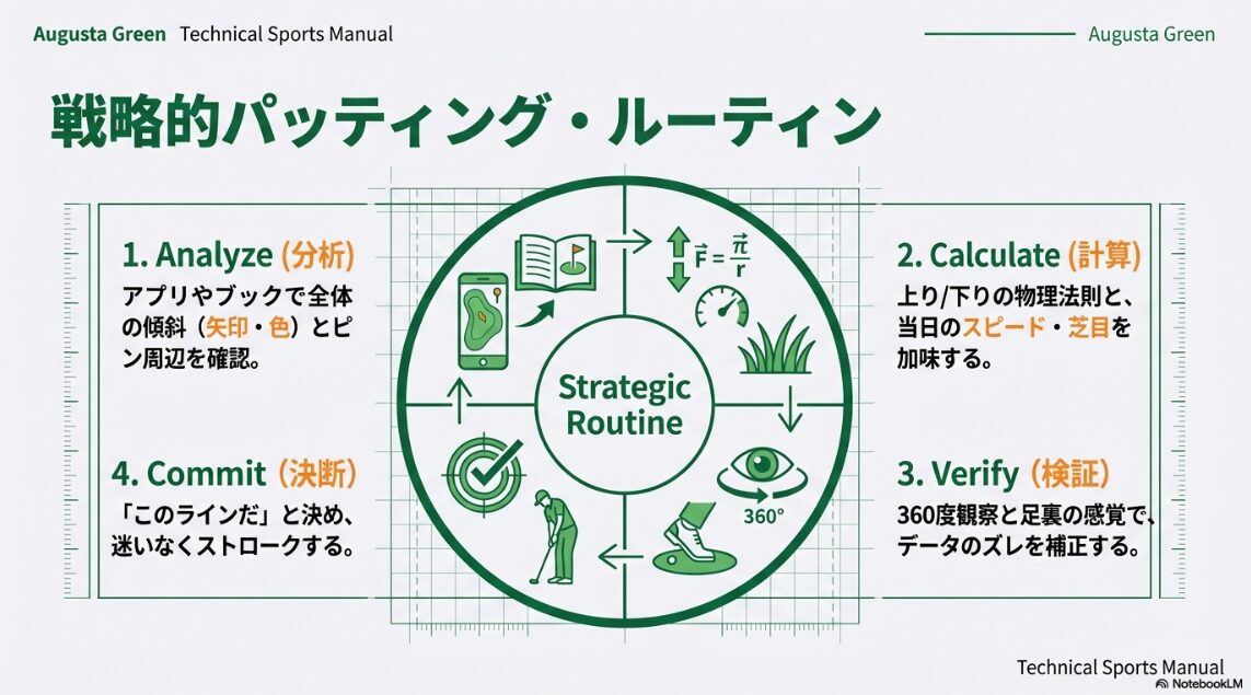 分析、計算、検証、決断のパッティングルーティンの流れ図