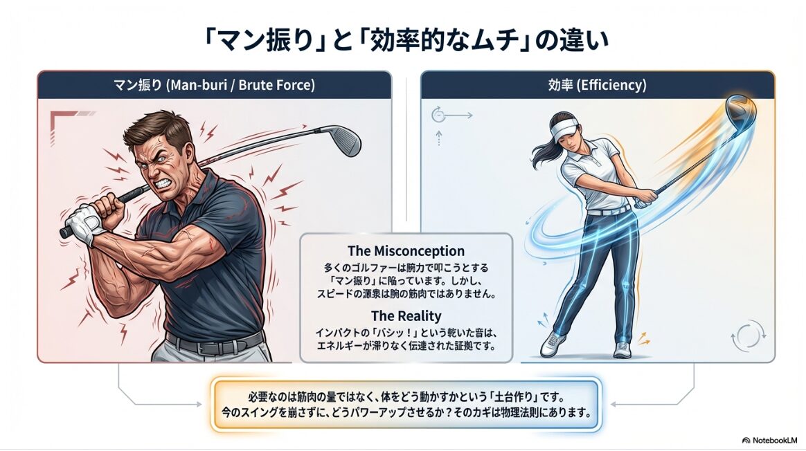 スイングの効率性と腕力の違い：効率的なヘッドスピード向上の比較