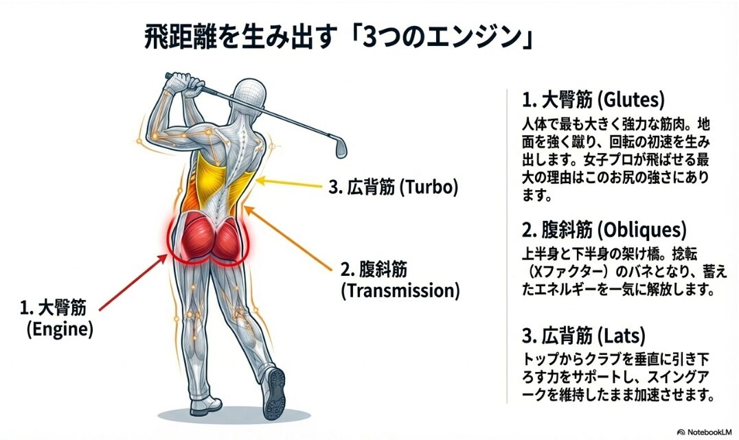 ゴルフの飛距離を伸ばすための3つの主要筋肉：大臀筋・腹斜筋・広背筋の役割図解