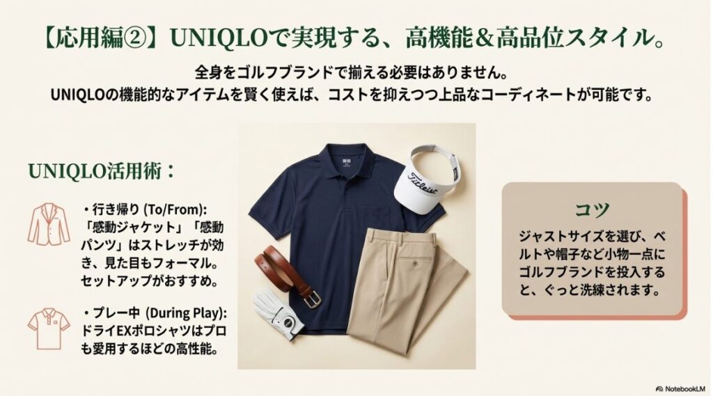 ユニクロの感動ジャケットやパンツを活用した上品なゴルフコーデ