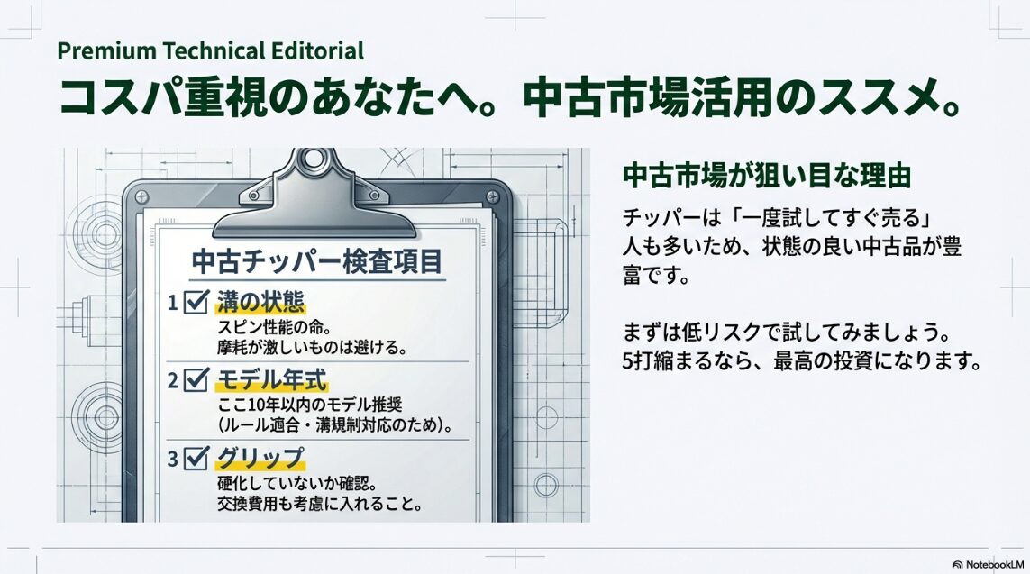 中古チッパー購入時に確認すべき「溝の状態・モデル年式・グリップ」の3点検チェックリスト