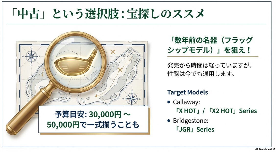 予算3万円から一式揃う中古ゴルフショップでの名器探しのイラスト