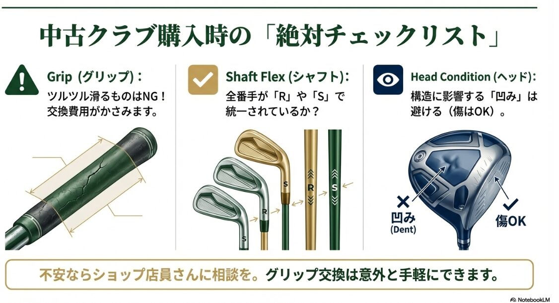 中古クラブ購入時のグリップ摩耗・シャフト硬さ・ヘッドの凹みのチェックポイント