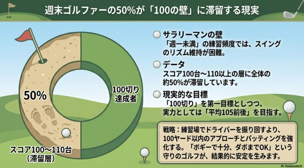 週末ゴルファーの約50パーセントがスコア100から110台の滞留層であることを示す統計グラフ