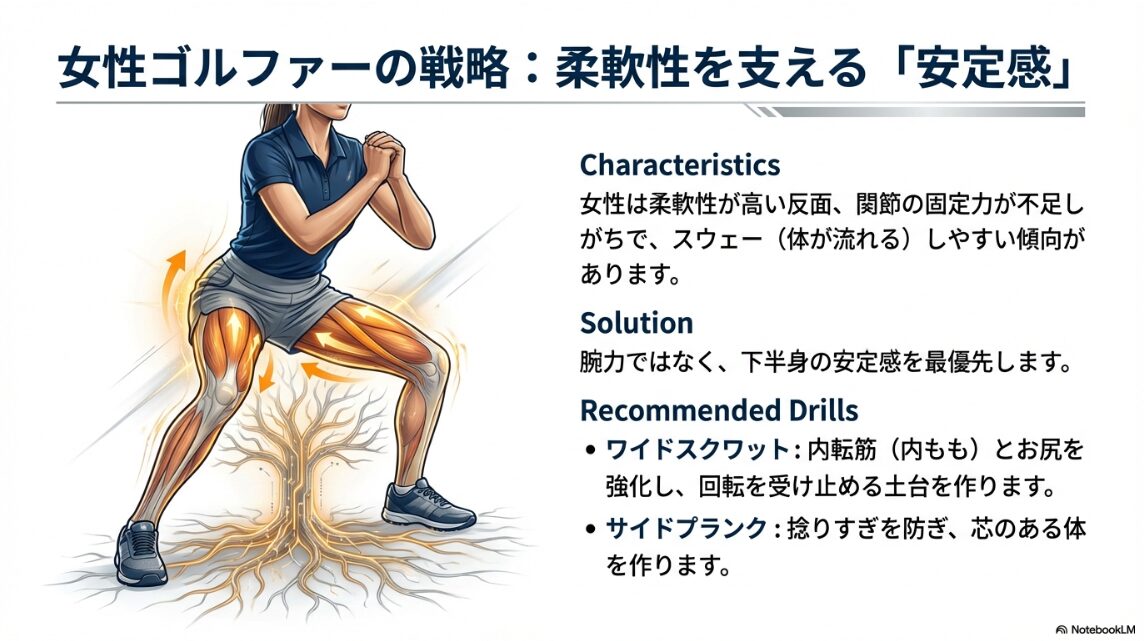 女性ゴルファー向けの飛距離アップ戦略：下半身の安定と体幹強化