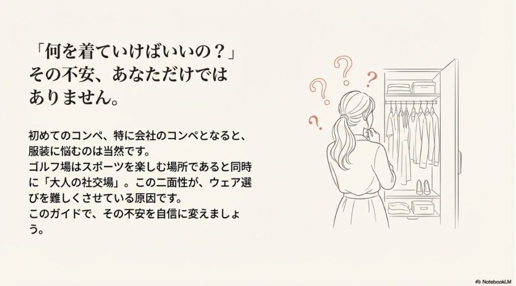 ゴルフコンペの服装選びに悩む女性のイラスト