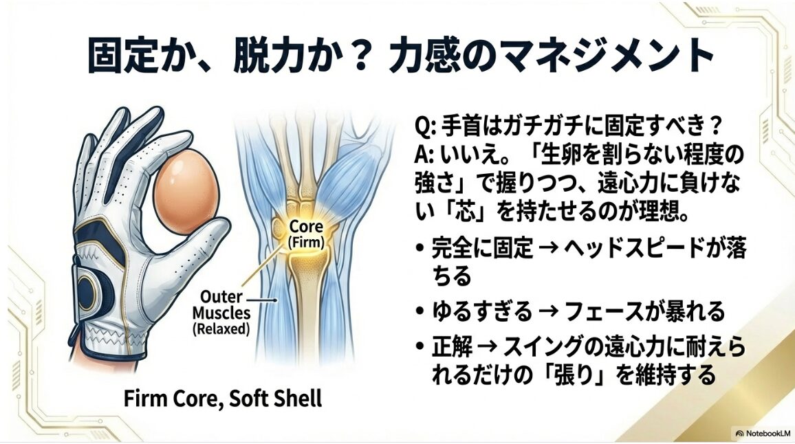 生卵を割らない強さのグリップと手首の芯を維持する力感のイメージ図
