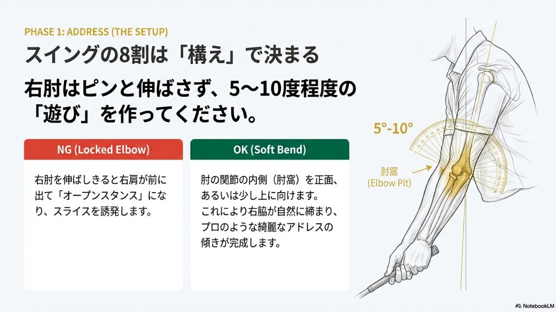 アドレス時に右肘を5から10度曲げ、肘の内側を正面に向ける正しい構え