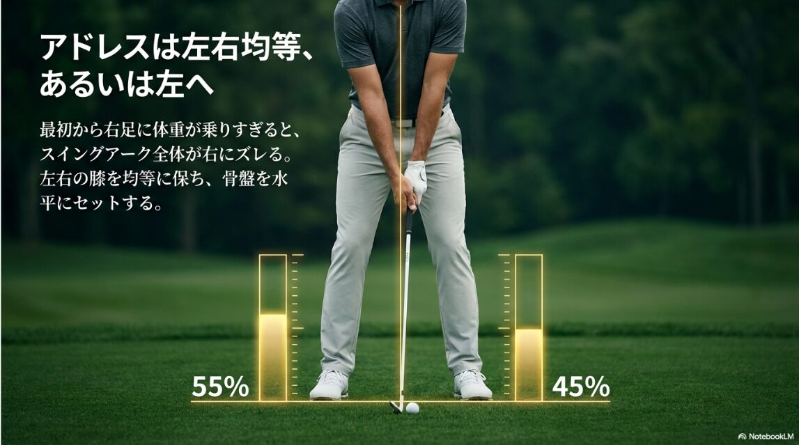 アドレス時の左右均等またはやや左足寄りの体重配分を示す図解