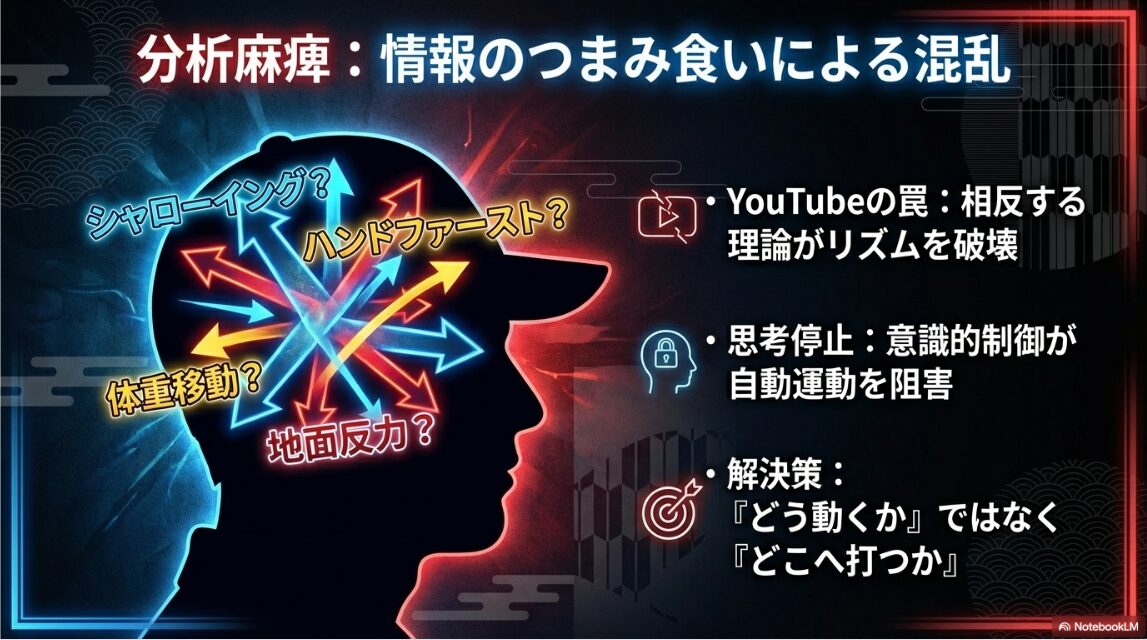 ゴルフスイングの分析麻痺と情報過多による不調の図解