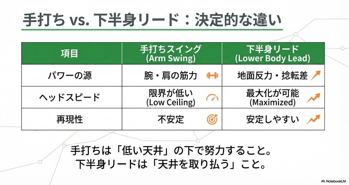 腕の振りと下半身リードの同調による振り遅れ解消
