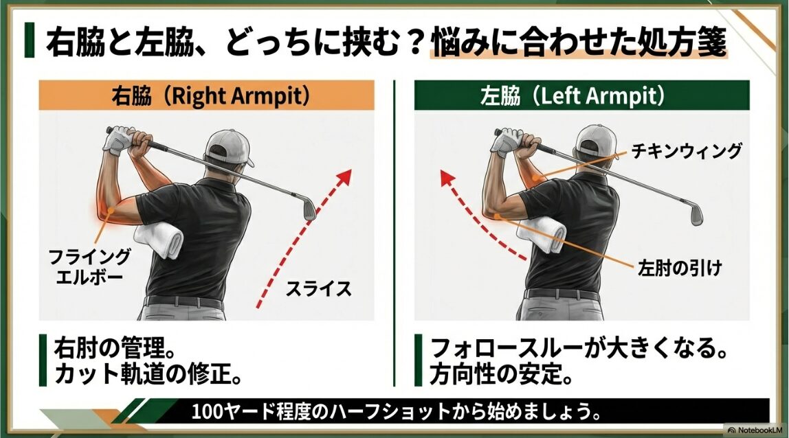 右脇と左脇それぞれにタオルを挟んだ時のスイング修正効果の比較図