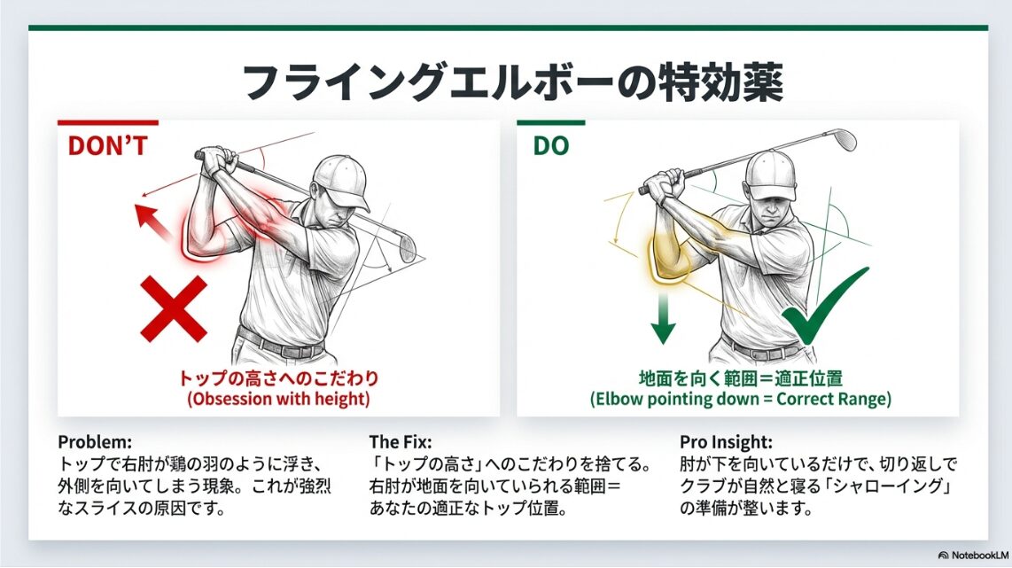 フライングエルボーの改善方法として右肘を地面に向ける適正位置の図解